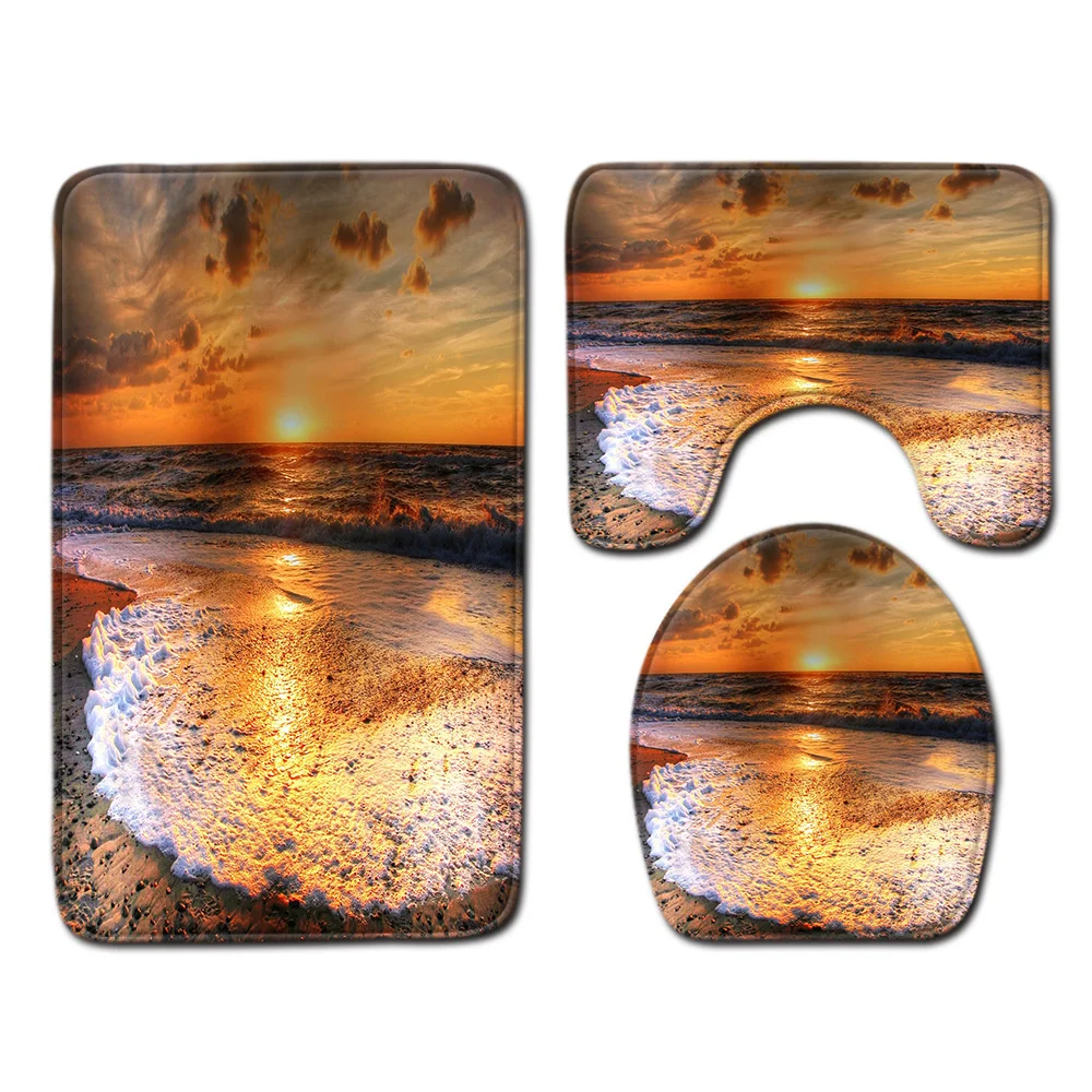 

Wave Beach Sunset Sunset Printed Bathroom Rug Set Carpet U-shaped Toilet Mat Bathroom Decor is Super Soft and Absorb water