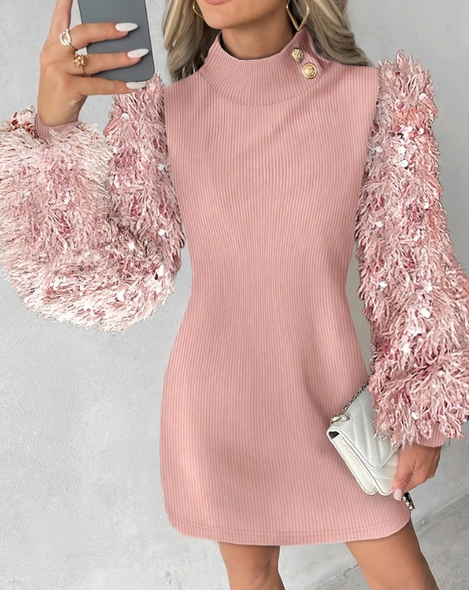 

Dresses for Women 2023 Autumn New Fashion Party Long Sleeve Mock Neck Fuzzy Contrast Sequin Patchwork Casual Dress
