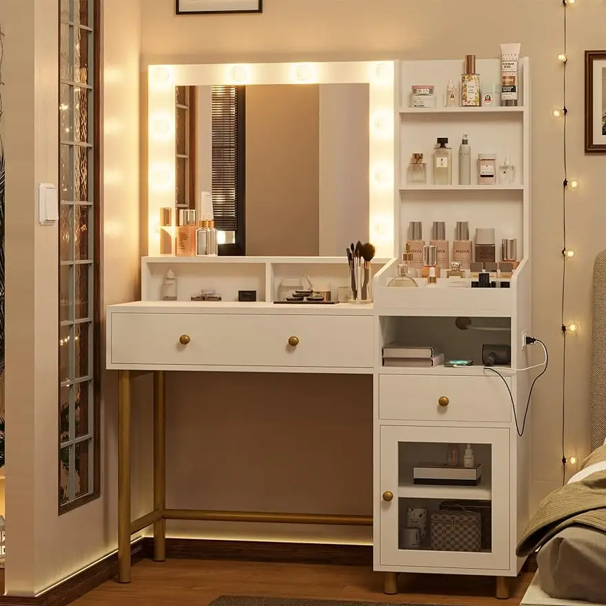 Makeup Vanity with Lights & Charging Station, Mirror,Lights,Drawers and Cabinet, Open Storage Shelves, 3-Compartment Organizer
Makeup Vanity with Lights & Charging Station, Mirror,Lights,Drawers and Cabinet, Open Storage Shelves, 3-Compartment Organizer