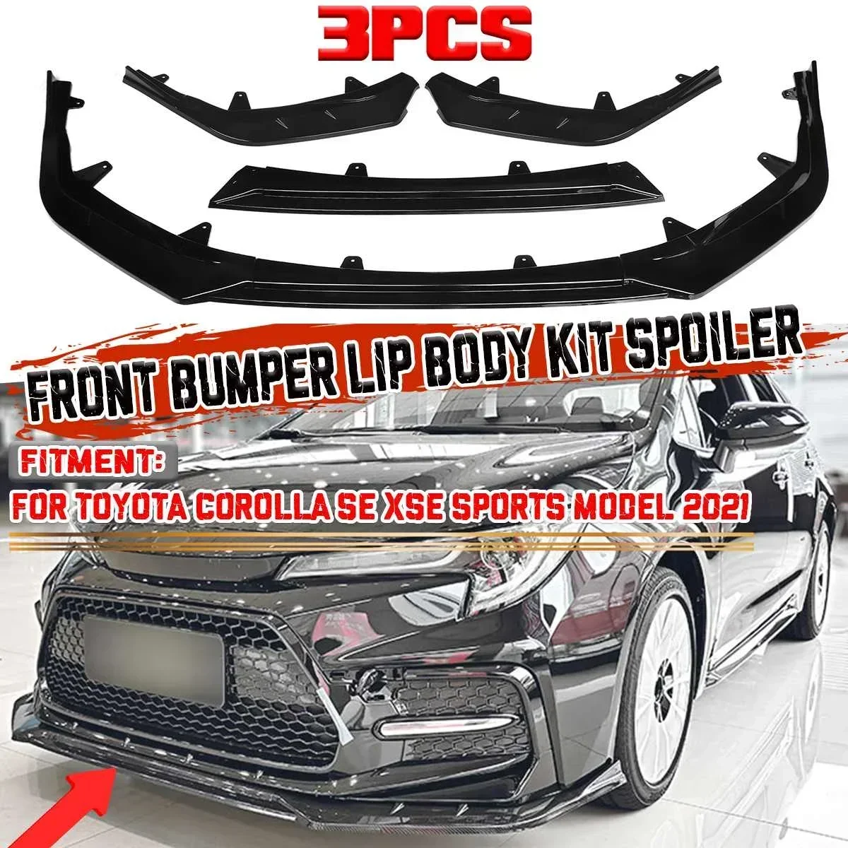 

3x Black/Carbon Fiber Look Car Front Bumper Lip Spoiler Protector Cover For Toyota For Corolla SE XSE Sports Model 2021 Body Kit