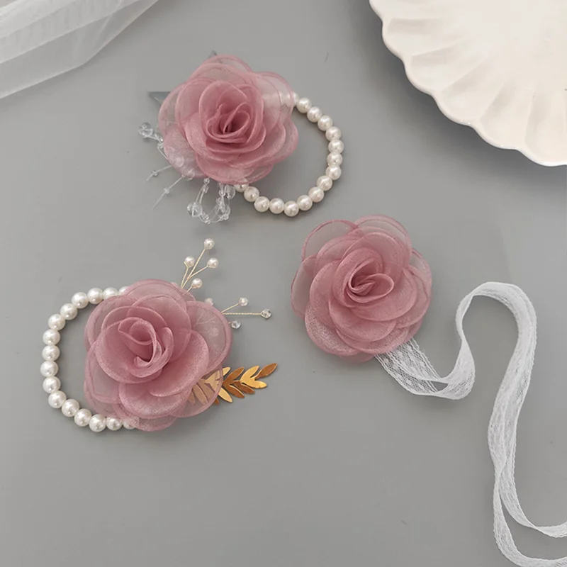 

Pearl Crystal Wrist Flower Corsage Bridesmaid Girl's Hand Flower Marriage Beautiful Bride Wedding Bracelets Girls Jewelry Gifts