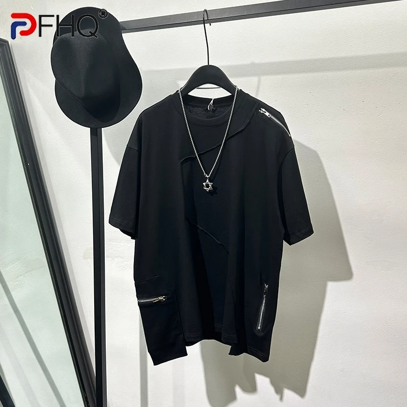 

PFHQ Men's Summer Tops Chic Solid Color Zipper Splicing Loose Short Sleeved T-shirt Tide Handsome Versatile Round Neck 21Z4396