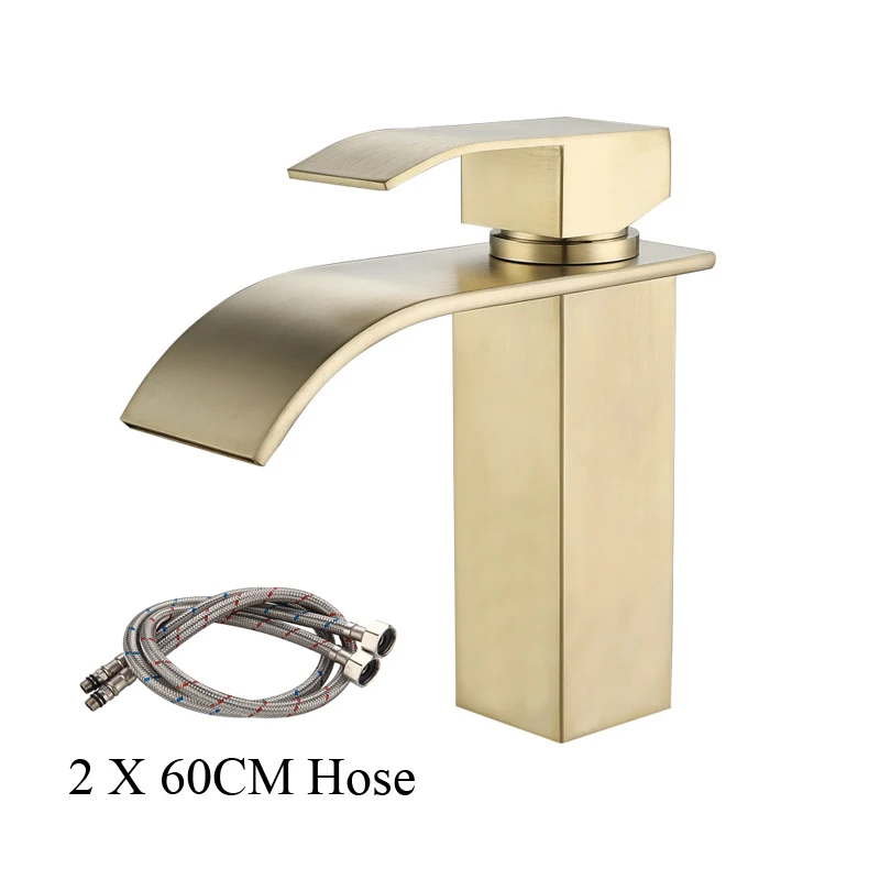 

Brushed Gold Deck Mounted Waterfall Basin Faucet Stainless Steel Sink Tap Hot Cold Water Mixer Bathroom Vanity Vessel Faucets