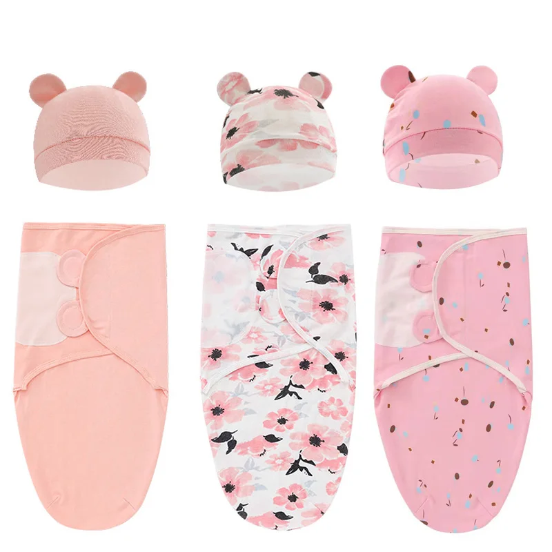 

2PCS Newborn Sleepsack Cotton Baby Swaddle Blanket Wrap Hat Set Infant Adjustable New Born Sleeping Bag Muslin Blankets 6 Colors