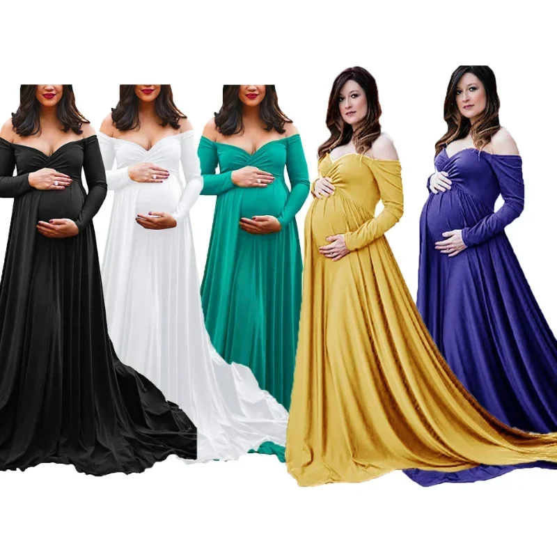 

Pregnancy Photo Shooting Dress Women Woman Pregnant Photography Clothes Shoulderless V-neck Tail Large Swing Dress Baby Shower