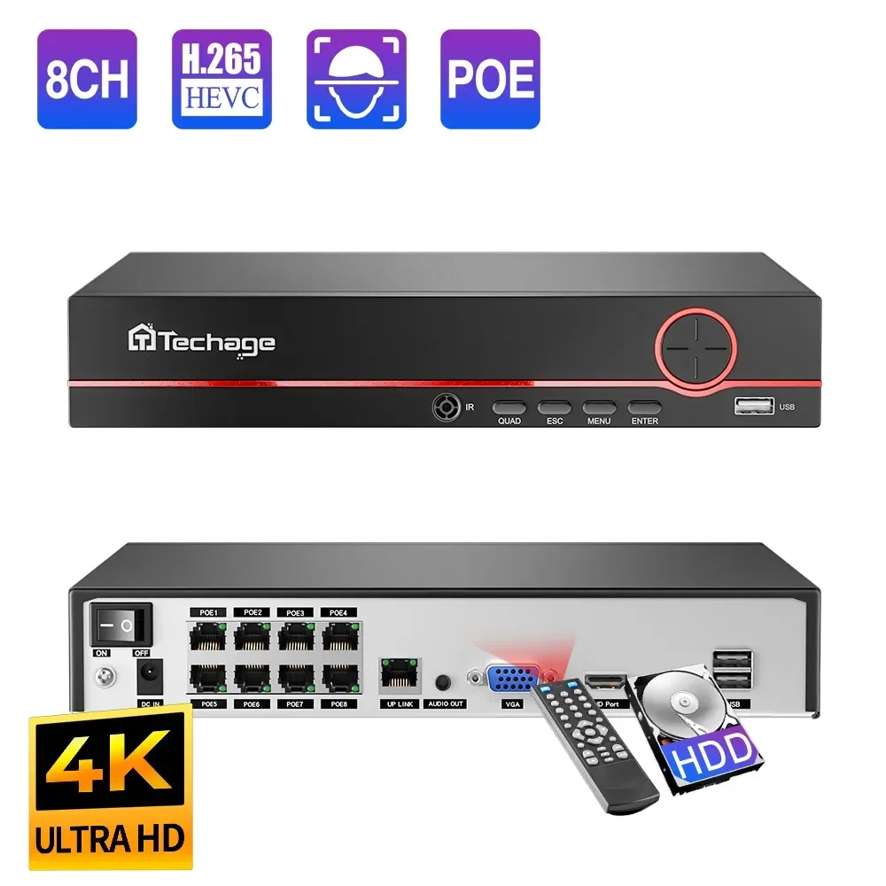 

Techage 8CH H.265 4K/8MP/5MP POE NVR CCTV Security Surveillance System for POE IP Camera Network Camera VCR Support Max 14TB