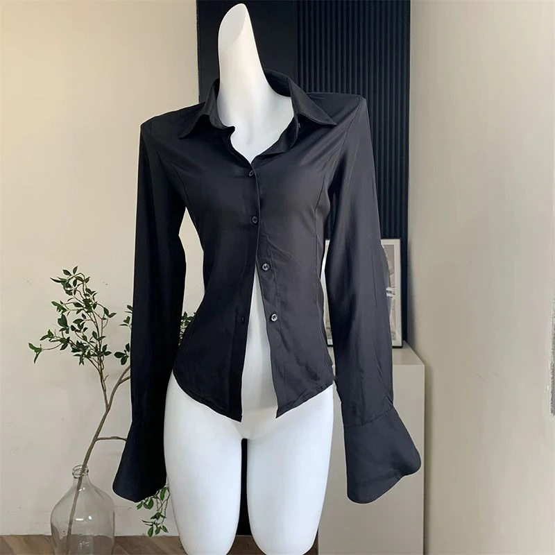 

Gidyq женские черные бандажные рубашки корейская мода универсальная уличная одежда женская тонкая блузка Весенняя Повседневная дизайнерская рубашка с рукавами-колокольчиками