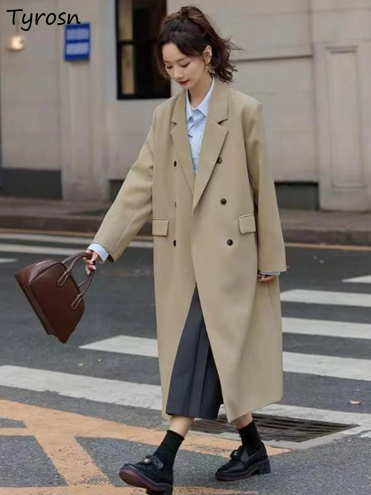 

Long Trenches Coat for Women Notched College Korean Fashion Simple Graceful Temperament Female Leisure Autumn Versatile Solid