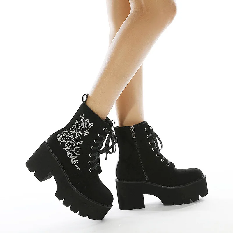 

Fashion Flower Platform Boots Chunky Punk Suede Leather Womens Gothic Shoes Nightclub Lace Up Back Zipper