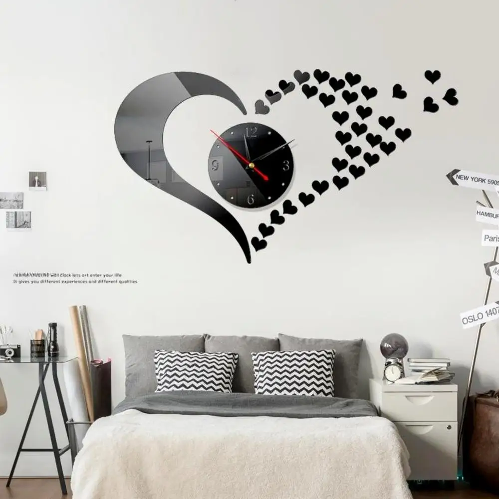 

3D Heart Number Mute Wall Clock Modern Design Art DIY Quartz Clocks Digital Home Decor for Living Room Office Watch Stickers
