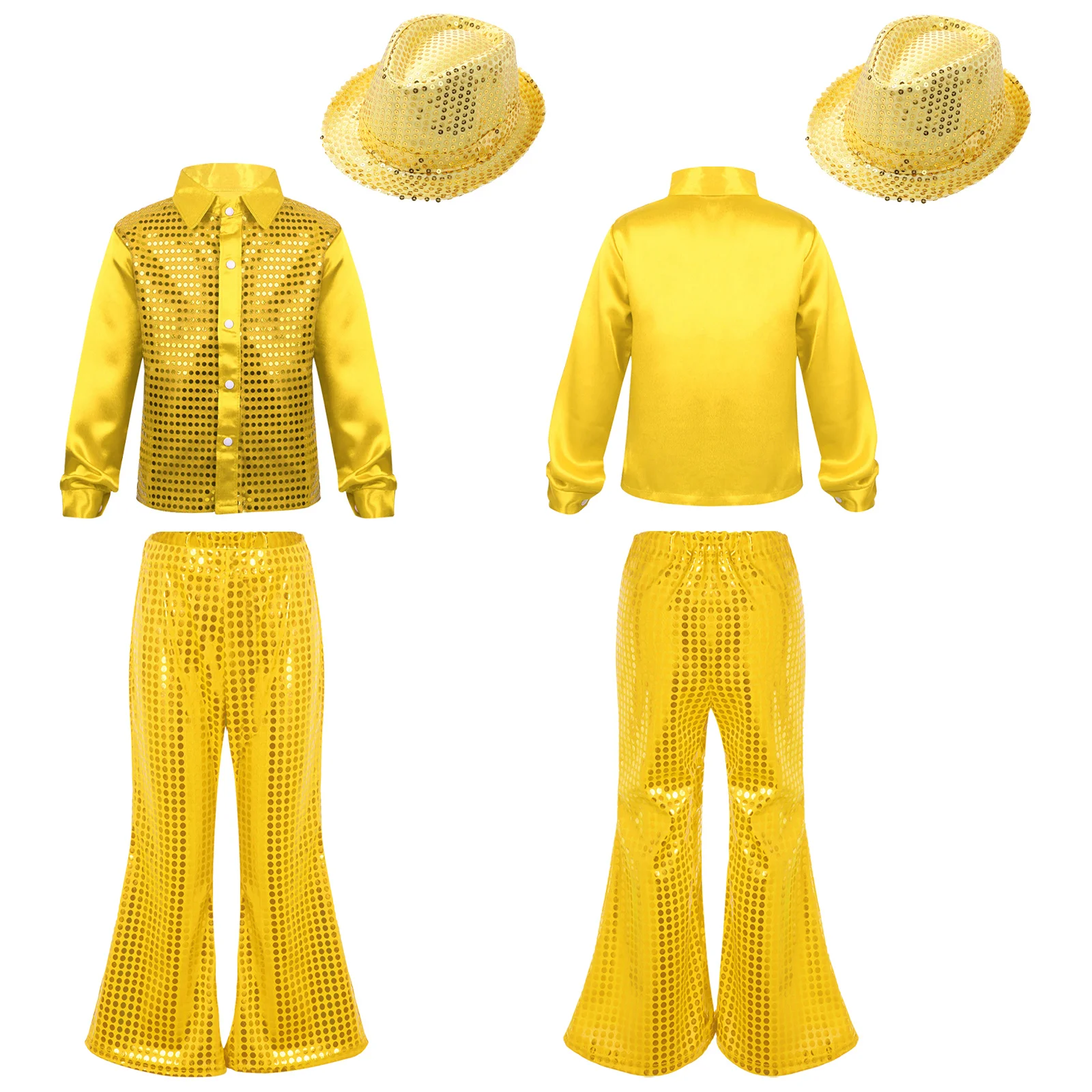 

Kids Hip Hop Jazz Dance Costumes Boys Girls Modern Disco Stage Performance Shiny Sequin Long Sleeve Shirt with Flared Pants Hat