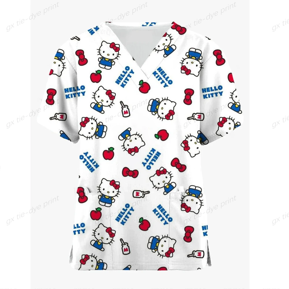 

2024 Hello Kitty Print Scrub Tops Women Dentist Working Uniform Nurse Scrub Uniformes Medicos Para Mujer Tooth Hospital Workwear