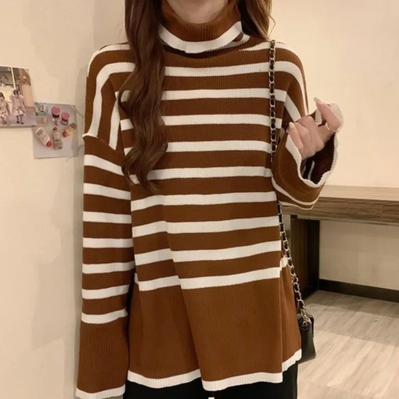 2023 New Winter Top Women Sweater Femme Pullover Knitted Striped Oversized Fashion Women's Turtleneck Sweater Soft Warm Pull
2023 New Winter Top Women Sweater Femme Pullover Knitted Striped Oversized Fashion Women's Turtleneck Sweater Soft Warm Pull