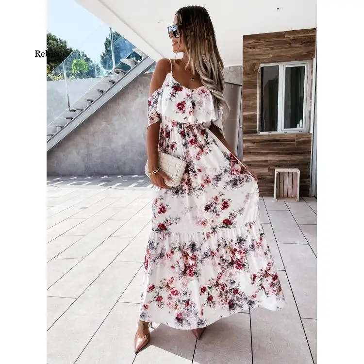 

Spring Floral Print Frill Ruffle Irregular Dress Women Sexy Deep V Neck High Slit Maxi Office Dress Summer Chic Long Party Dress