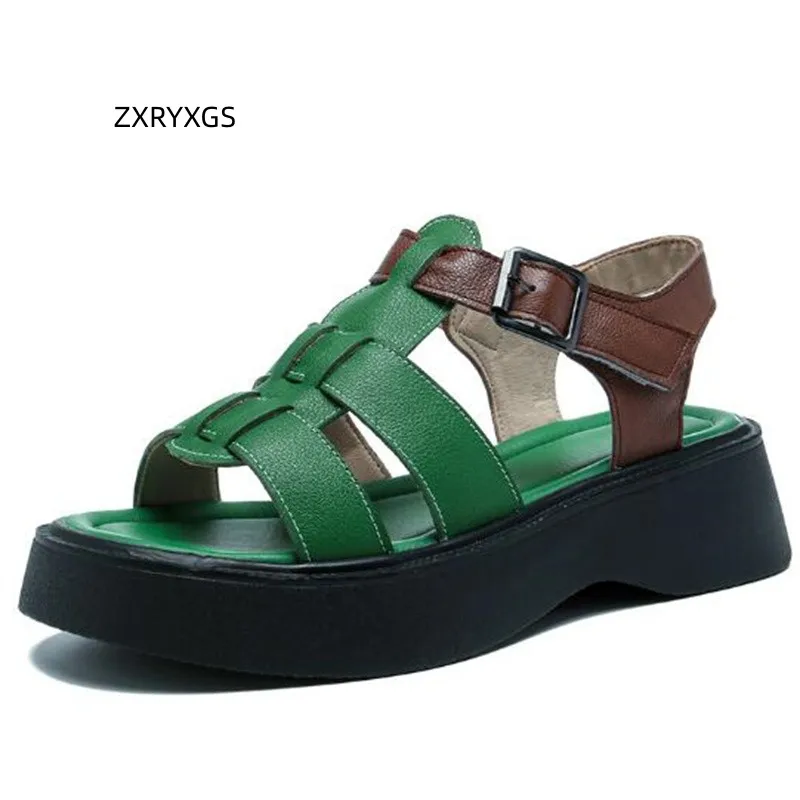 

ZXRYXGS Summer Spell Color Genuine Leather Sandals Roman Shoes 2023 Top Cowhide Woven Thick Soled Sandals Women Shoes Large Size