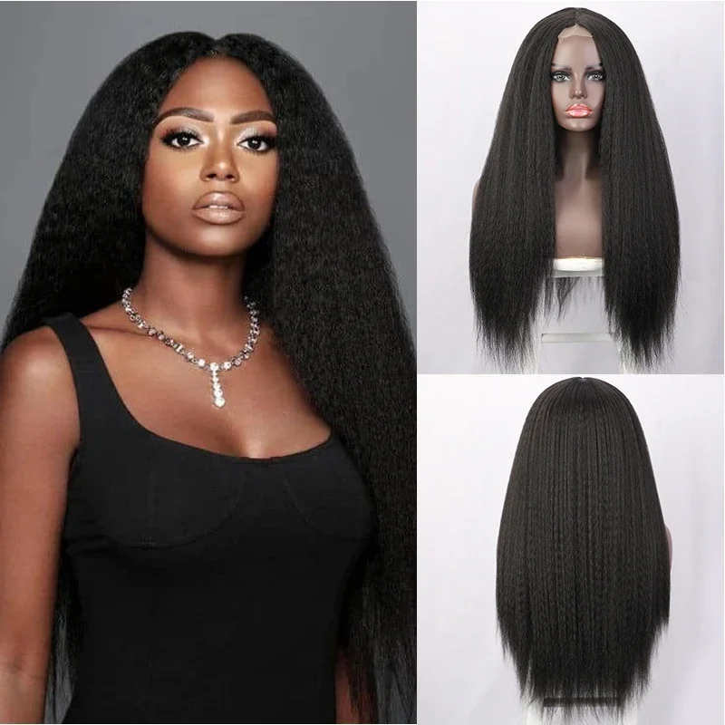 

Kinky Yaki Straight Wigs Without Bangs for Women Natural Synthetic Long Hair Wigs 30inch Black Afro Fluffy Wig Heat Resistant