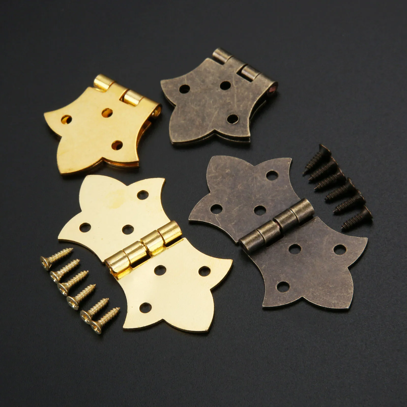 

10x Flower Hinge,Furniture Hardware,6 Holes Iron Hinges,Cabinet Door Butt Hinges For DIY Box,With Screws Antique Bronze Gold