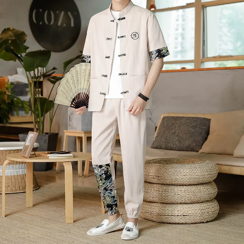 Men Cotton Linen Short Sleeve T-shirt Chinese Style Buckle Retro Five-pointHanfu Stand Collar Tang Suit
Men Cotton Linen Short Sleeve T-shirt Chinese Style Buckle Retro Five-pointHanfu Stand Collar Tang Suit