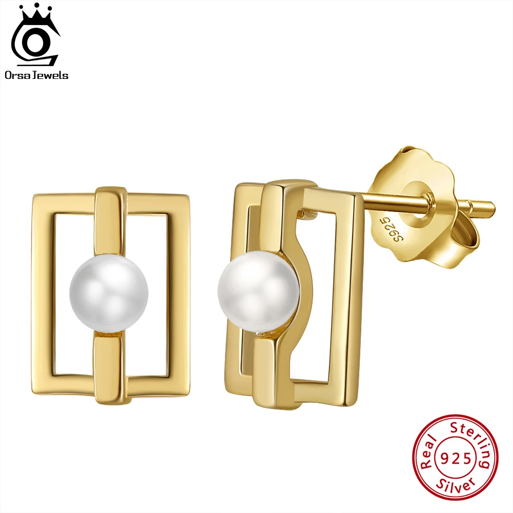 

ORSA JEWELS Vintage 14K Gold 925 Sterling Silver Stud Earrings with Natural Freshwater Pearl for Women Party Jewelry Gift GPE31