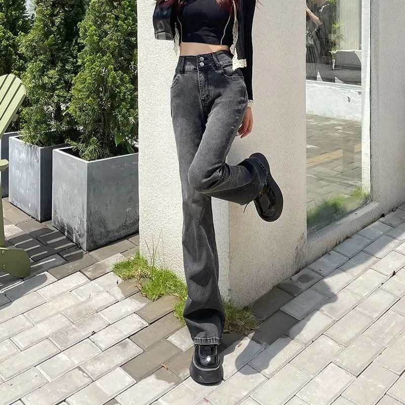 

Street Smoke Grey Micro-La Jeans Female Spring and Autumn New High Waist Slim Elastic Spice Girl Horn Mopping Pants ins Tide ins