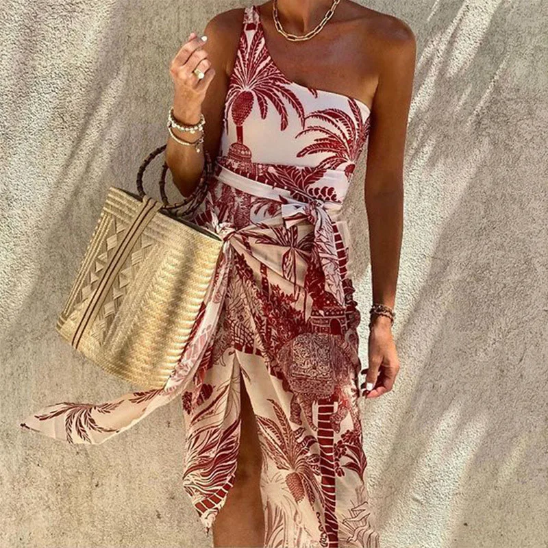 Casual Sleeveless Draped Split Dresses New Sexy Asymmetric Printed Slim Dress Summer Women's Diagonal Collar Lace Up Beach Dress
Casual Sleeveless Draped Split Dresses New Sexy Asymmetric Printed Slim Dress Summer Women's Diagonal Collar Lace Up Beach Dress