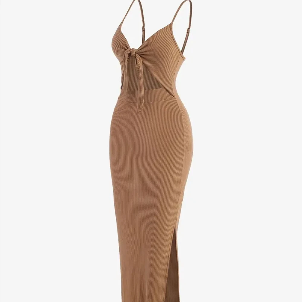 

Sexy Spaghetti Strap Ribbed Knot Cutout Side Split Maxi Dress Solid Body-Con Dress for Spring & Fall Women's Clothing Bodycon