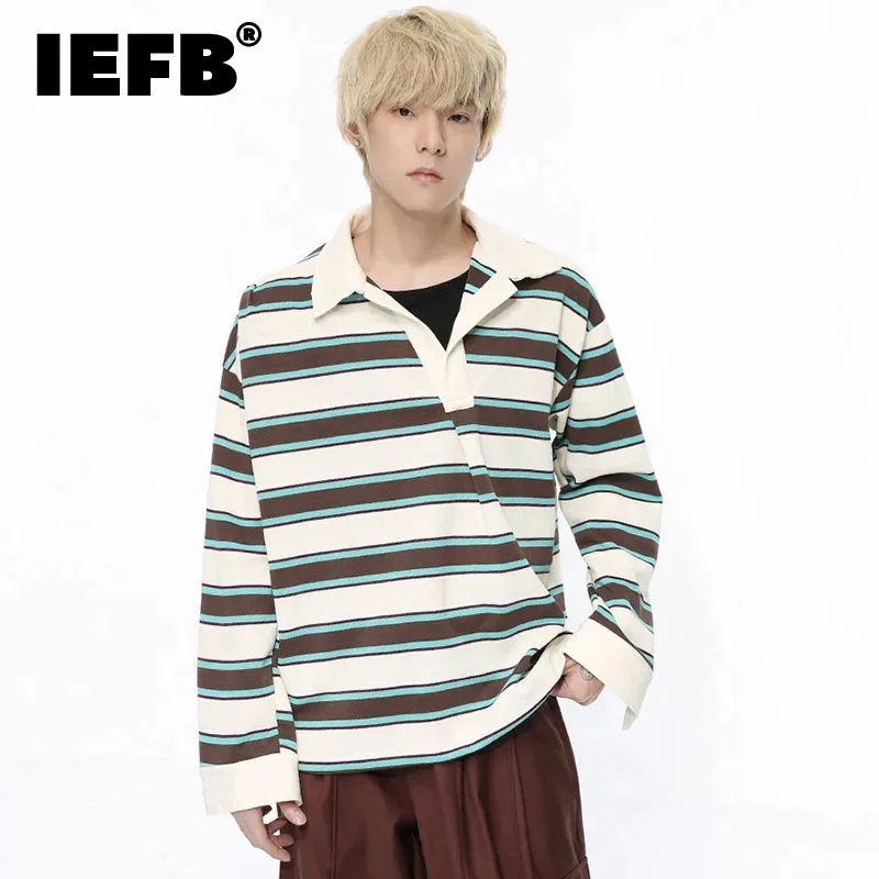 

IEFB Lapel Male T-shirt Korean Fashion Stripe Contrast Color Baggy Men's Long Sleeve Tops Casual Men Wear Spring New 2024 9C4745