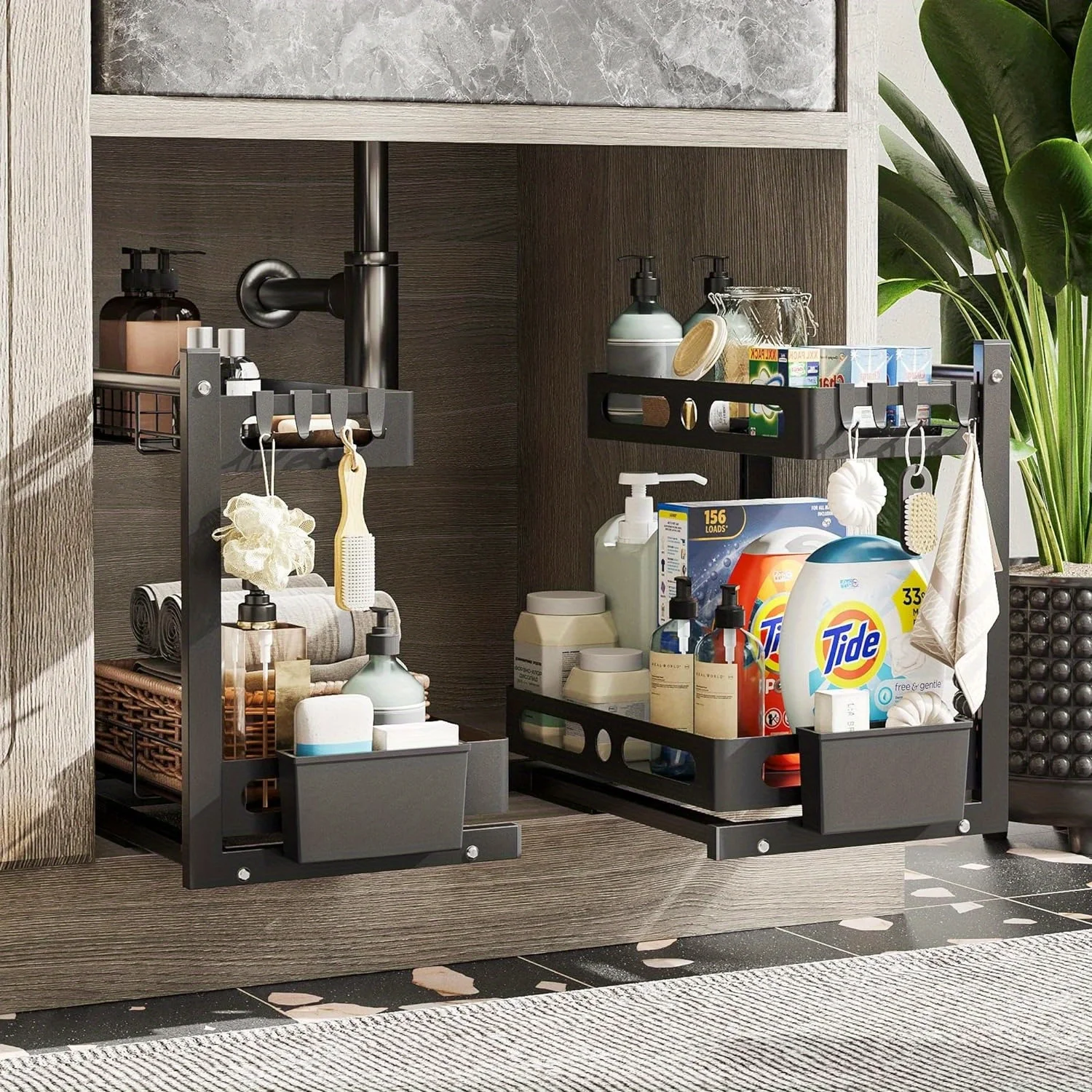 1pc/2pcs Expandable Under Sink Organizer - Space-Saving 2-Tier Cabinet Shelf with Hanging Cups for Kitchen & Bathroom Essentials
1pc/2pcs Expandable Under Sink Organizer - Space-Saving 2-Tier Cabinet Shelf with Hanging Cups for Kitchen & Bathroom Essentials