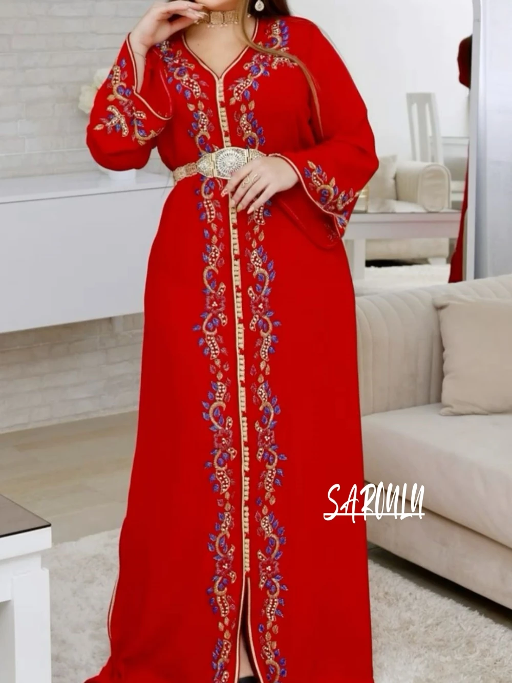

Red Algerian V-neck Evening Dresses Party Appliques A-line Bridal Dress Vintage Beading Floor-length Gown Robe De Mariée