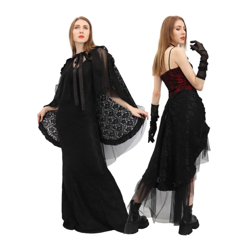 

WENAM Women's Layered Tulle Mesh Lace Black Overskirt Tie-on Gothic Cocktail Sheer Ankle Length Long Overskirt Elegant Cape