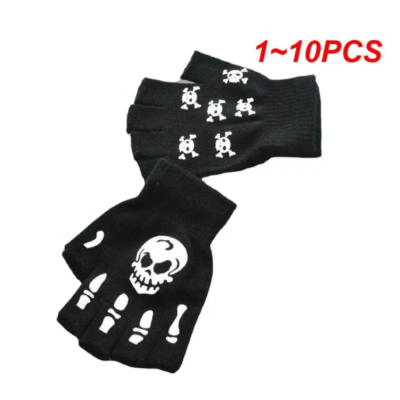 

1~10PCS Unisex Adult Halloween Skeleton Skull Half Finger Gloves Glow in the Dark Fingerless Stretch Knitted Winter Mittens