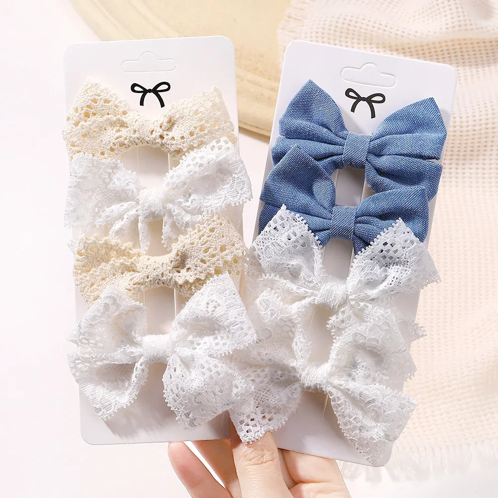 

4Pcs Sweet Lace Printed Bowknot Hair Clips for Hair Girls Handmade Hairpin Boutique Barrettes Headwear Baby Hair Accessories