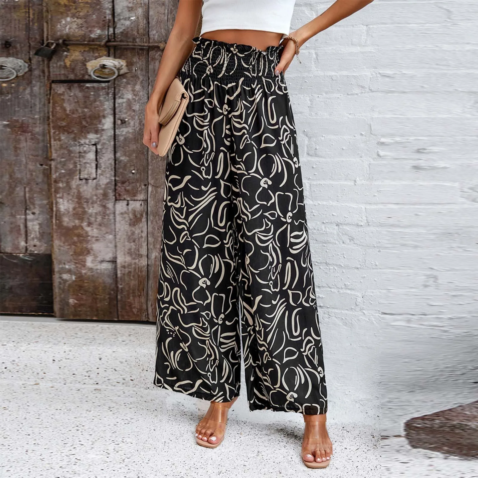 

Women'S Elegant Summer Printed Loose Fit Casual Trousers Fashion High Waisted Baggy Wide-Leg Trousers Commuter Vacation Pants