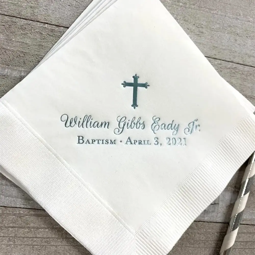 

Personalized Baptism Monogram Napkins Baby Communion Christening Beverage Cross Religious Cocktail Luncheon Guest Towel Dinner S
