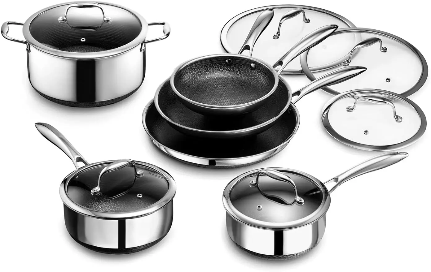 

12 Piece Hybrid Stainless Steel Cookware Set - 6 Piece Frying Pan Set and 6 Piece Pot Set with Lids, Stay Cool Handles