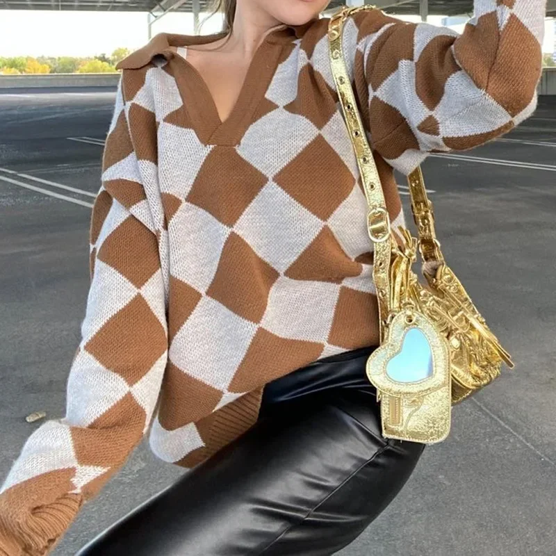 Diamond Grid Deep V Lapel Sweater Women Autumn/winter New Casual Loose Knit Pullover Casual Top Winter Sweater Clothes Set
Diamond Grid Deep V Lapel Sweater Women Autumn/winter New Casual Loose Knit Pullover Casual Top Winter Sweater Clothes Set