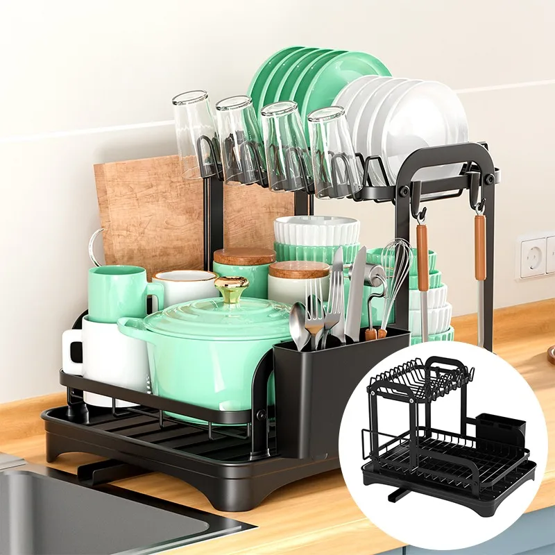 

Double Layer Kitchen Dish Bowl Drying Rack with Drainboard Dish Racks with Chopstick Cage Sink Countertop Dinnerware Organizer