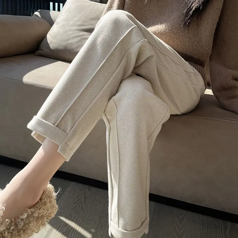 

Woolen Cloth Women Chic Fashion With Seam Detail Office Wear Comfortable Pants Vintage High Waist Zipper Female Cropped Z4