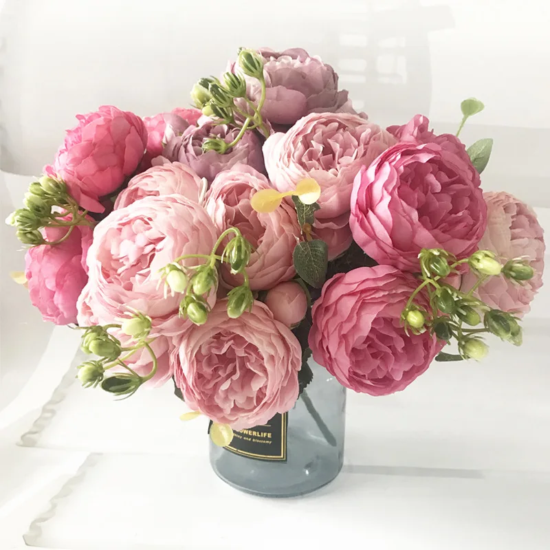 

30cm Rose Pink Silk Peony Artificial Flowers Bouquet 5 Big Head Cheap Fake Flowers for Home Wedding Decoration indoor