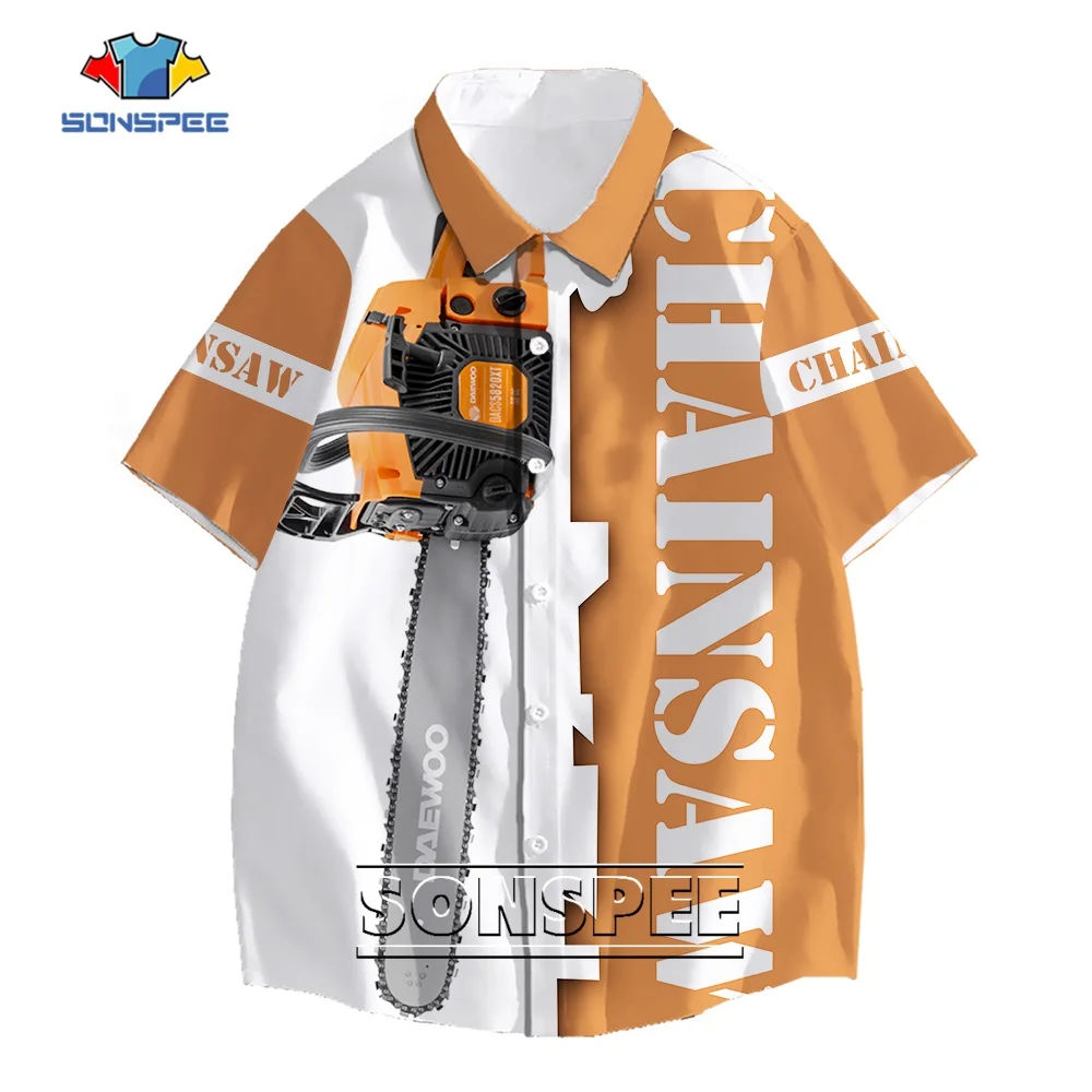 SONSPEE Summer Chainsaw Tool 3D Printing Botton Shirt Lumbering Men Women's Sawing Machine Tops Short Sleeve Hip Hop Blouse
SONSPEE Summer Chainsaw Tool 3D Printing Botton Shirt Lumbering Men Women's Sawing Machine Tops Short Sleeve Hip Hop Blouse