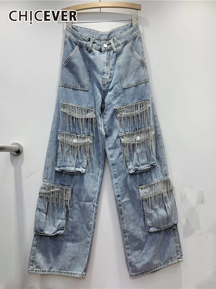 

CHICEVER Vintage Patchwork Tassels Chic Denim Cargo Pant For Women High Waist Spliced Pockets Autumn Casual Loose Trouser Female
