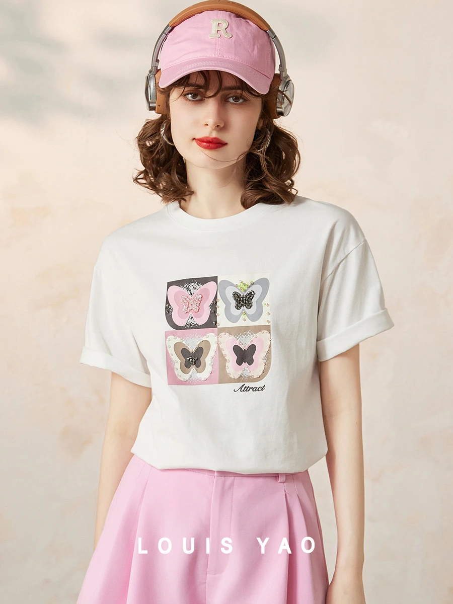 

LOUIS YAO Women T-shirt 2024 Summer Tee 100% Cotton Round Neck Short Sleeve Beading Butterfly Loose Casual Basic Pullover Top