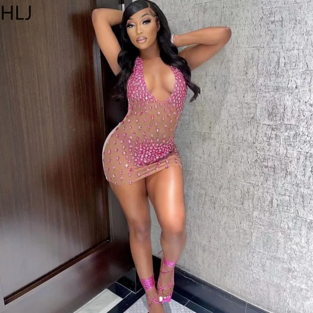 HLJ Sexy Deep V Mesh Perspective Bodycon Dress Women Rhinestone Sleeveless Slim Vestidos Female Backless Party Nightclub Clothes
HLJ Sexy Deep V Mesh Perspective Bodycon Dress Women Rhinestone Sleeveless Slim Vestidos Female Backless Party Nightclub Clothes