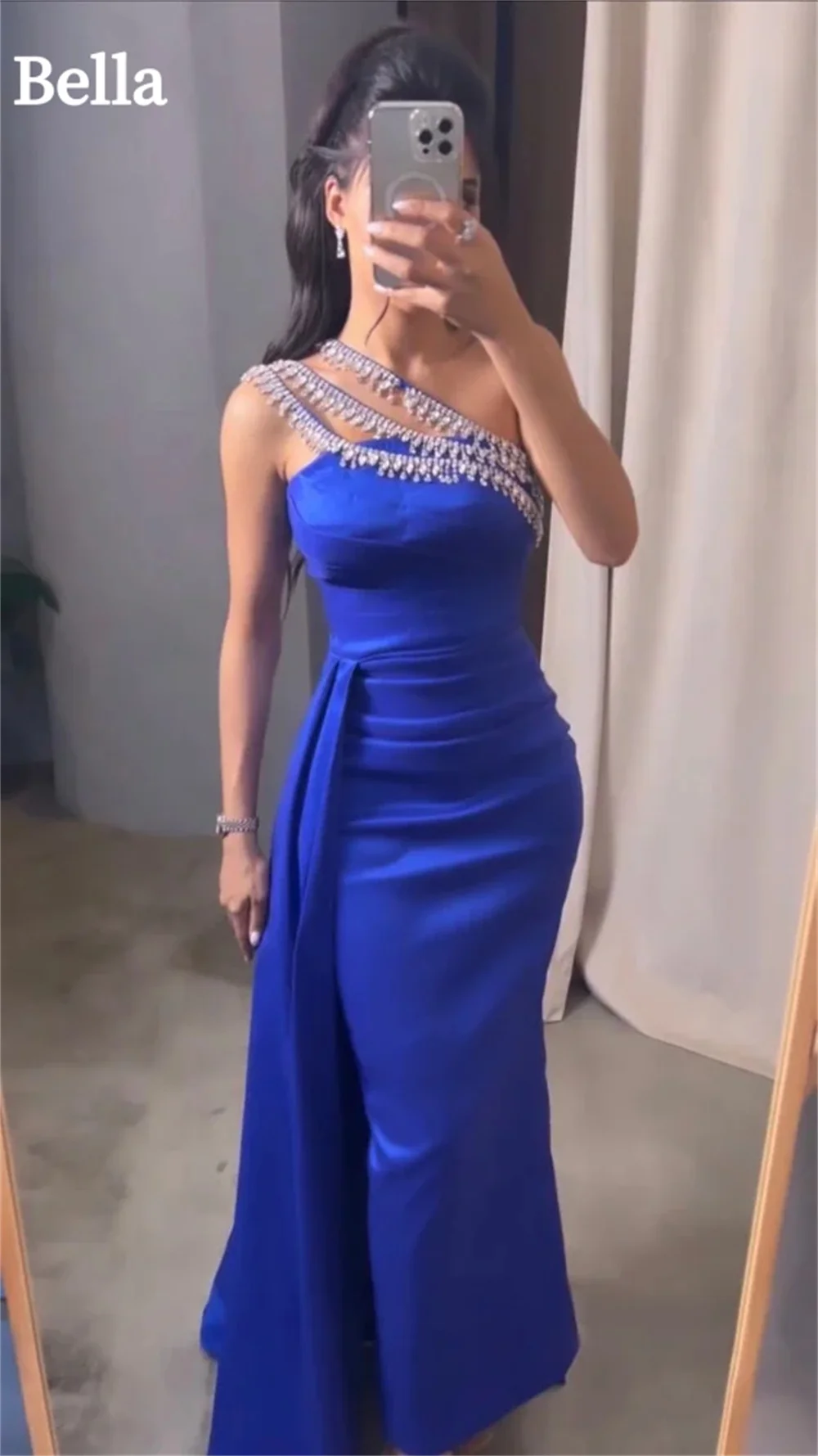 

Bella Blue Off the Shoulder فساتين السهرة Beaded Strap Satin Mermaid Prom Dresses Pleats Detachable Train Formal Evening 2024