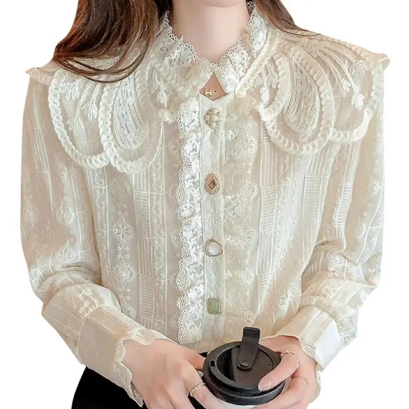 2023 Autumn New Vintage Splicing Peter Pan Collar Long Sleeve Lace Shirt Blouse Women's Korean Style Shirt Top
2023 Autumn New Vintage Splicing Peter Pan Collar Long Sleeve Lace Shirt Blouse Women's Korean Style Shirt Top