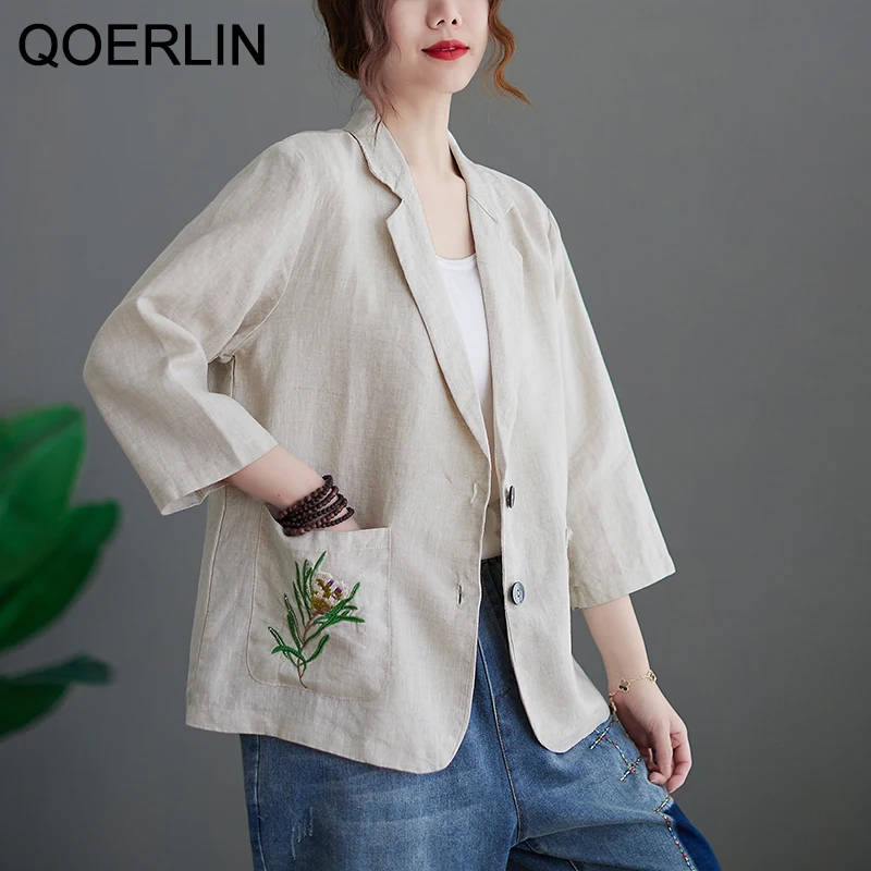 

QOERLIN M-XXL Linen Oversize Blazer Office Fashion Embroidered Floral Jacket Pocket Single-Breasted Notched Collar Suit Coat