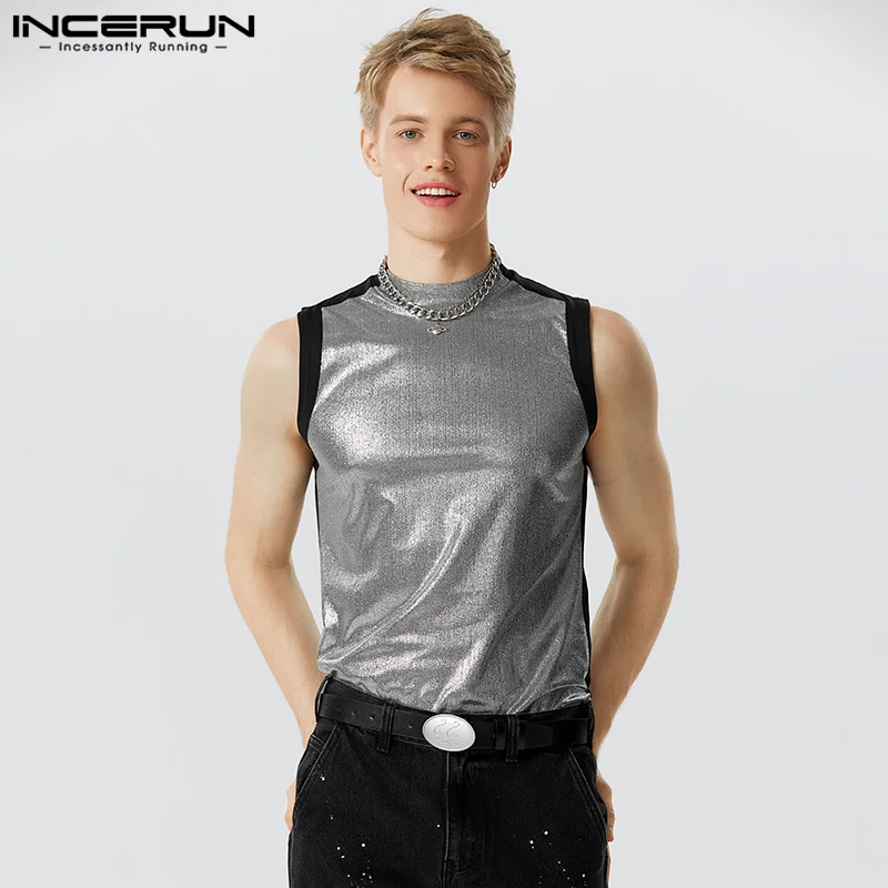 

Handsome Well Fitting Tops INCERUN Men's Flash Fabric Spliced Half High Neck Tank Tops Casual Streetwear Sleeveless Vests S-5XL