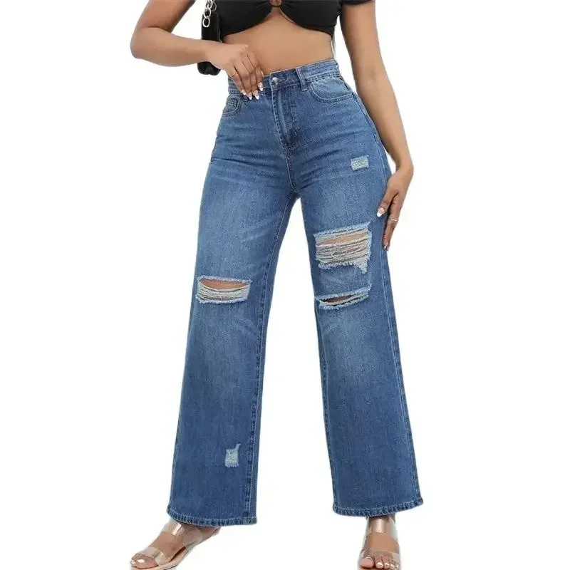 

Fashion Broken Holes Hollow Out Women Straight Jeans Wide Leg Denim Pants Female Spring Summer New Casual Commuter Long Trousers