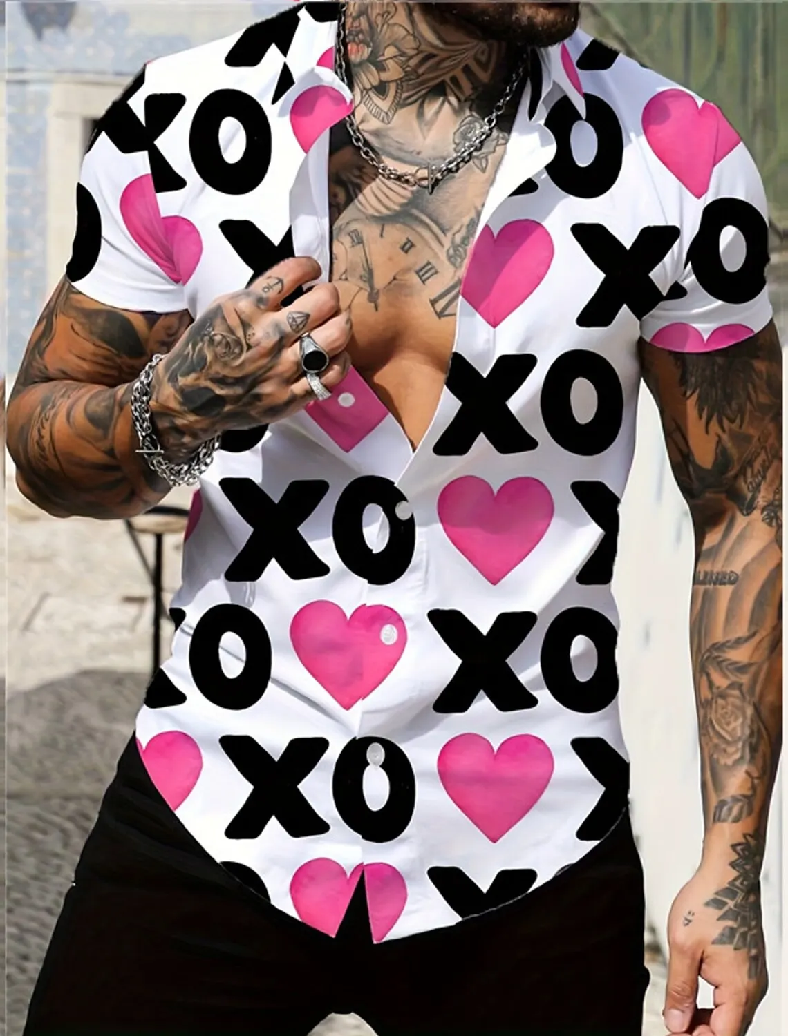 

2024 Valentine's Day Funny Graphic Print Short Sleeve Men's Shirts Turndown Short Sleeve 4-Way Stretch Fabric Shirts For Lovers