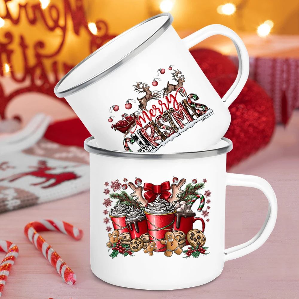 

Deer Print Mug Enamel Coffee Milk Cups Hot Cocoa Chocolate Mugs Merry Christmas Cup Kitchen Party Decoration Winter Holiday Gift